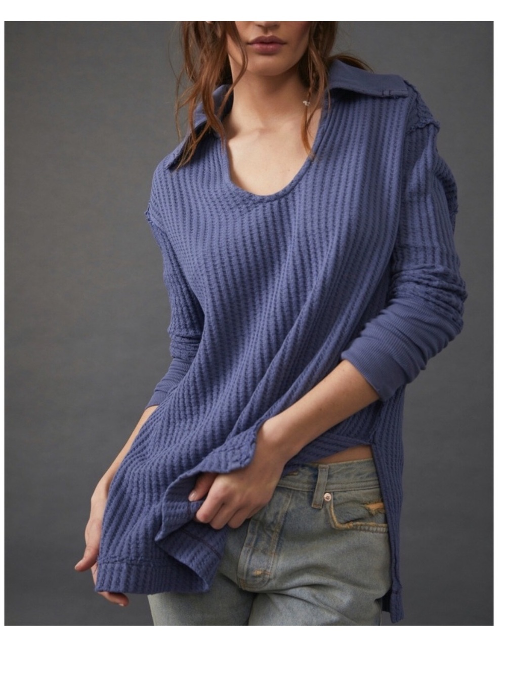 We The Free Raymond Thermal Waffle Tunic Top In Oceana Blue Size Medium